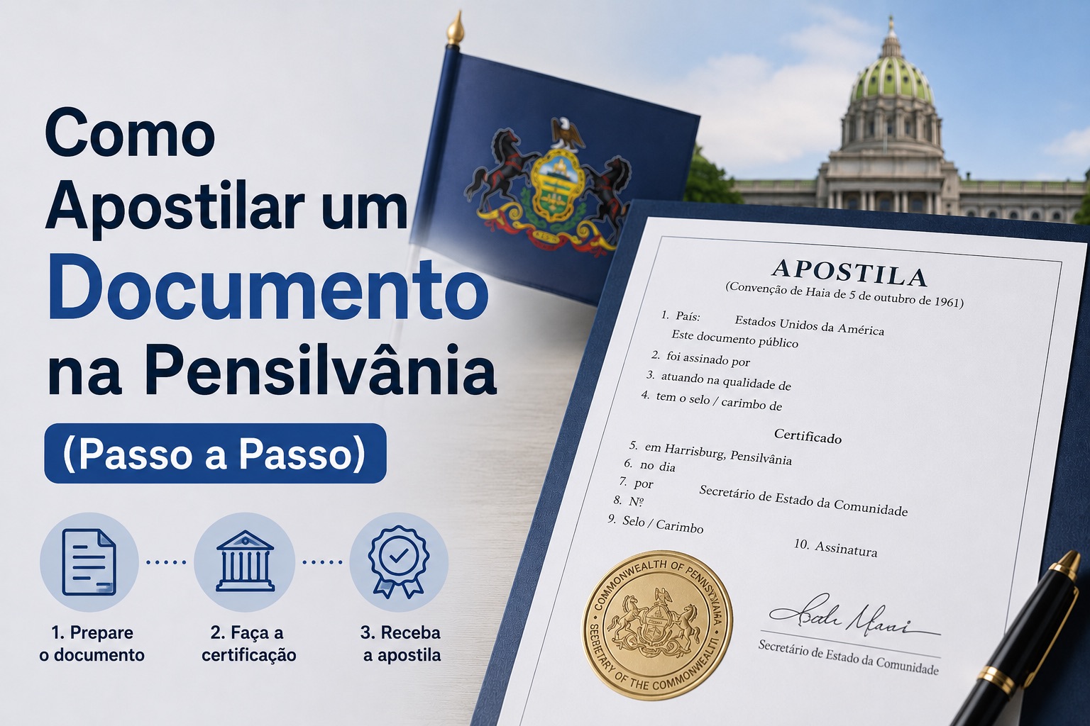 Certificado de apostila com selo dourado da Pensilvânia, bandeira do estado e o Capitólio de Harrisburg ao fundo