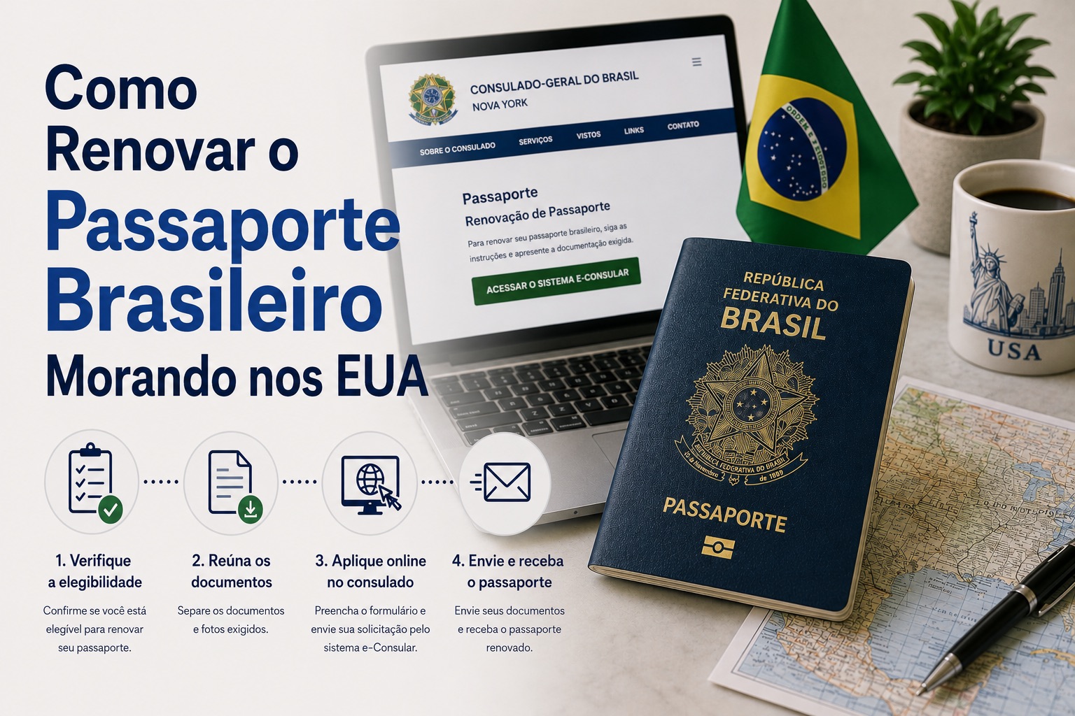 Passaporte brasileiro sobre a mesa com o sistema e-consular aberto no notebook e a bandeira do Brasil