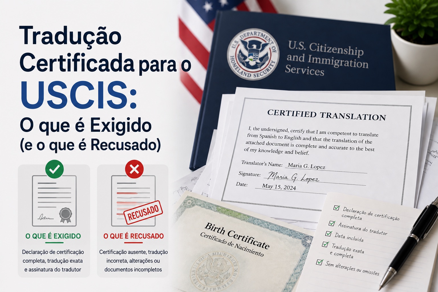 Tradução certificada com declaração do tradutor ao lado de uma certidão de nascimento e material do USCIS