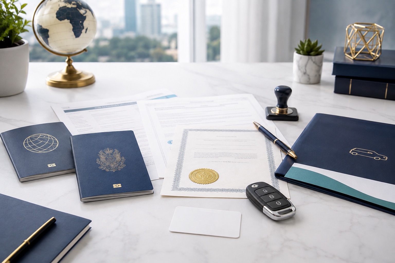 Passaportes, certidão com selo dourado, carimbo de notário e chave de carro sobre a mesa